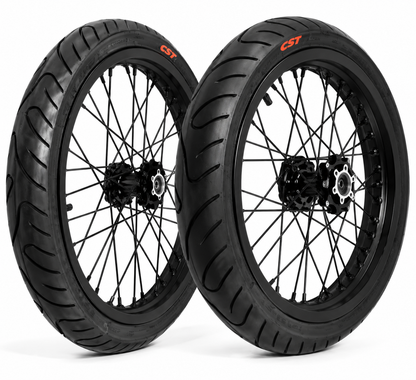 Complete 17in Emoto Super Moto Wheelset (Chrome/Black) - 79Bike/Surron/Eride/Ventus